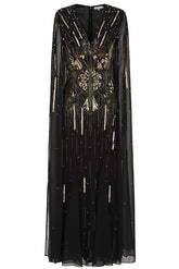 Elara black maxi dress with gold embellishment and sheer cape