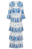 Elodea White and Blue Embroidered Tiered Maxi Dress