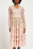 Eloise blush floral embellished midi dress by Frock and Frill with tonal floral detailing, ruffle trim and long sleeves designed for elegant occasion wear styling