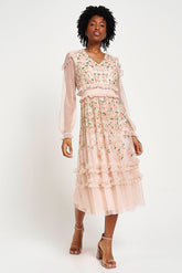 Eloise blush floral embellished midi dress by Frock and Frill with tonal floral detailing, ruffle trim and long sleeves designed for elegant occasion wear styling