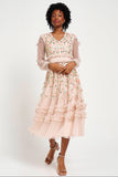 Eloise blush floral embellished midi dress by Frock and Frill with tonal floral detailing, ruffle trim and long sleeves designed for elegant occasion wear styling