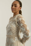 Elowen long sleeve embellished maxi dress by Frock and Frill UK in neutral tones with intricate white beadwork, modest style for weddings and formal occasions.
