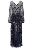 Elvina navy embellished maxi dress with cascading beadwork, V neckline and long sleeves designed for elegant wedding guest and occasion wear styling