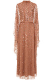 Elysia cape sleeve maxi dress with sequins and flowing silhouette for weddings and formal events.