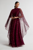 Elysia Purple Cape Dress with flowing floor-length silhouette, subtle sequin embellishments, and elegant cape overlay for weddings and evening occasions