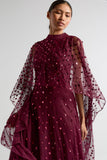 Elysia Purple Cape Dress with flowing floor-length silhouette, subtle sequin embellishments, and elegant cape overlay for weddings and evening occasions