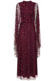 Elysia Purple Cape Dress with flowing floor-length silhouette, subtle sequin embellishments, and elegant cape overlay for weddings and evening occasions