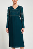 Elzina storm green embellished midi dress with V neckline, long sleeves, embellished bodice and pleated skirt designed for elegant occasion wear styling