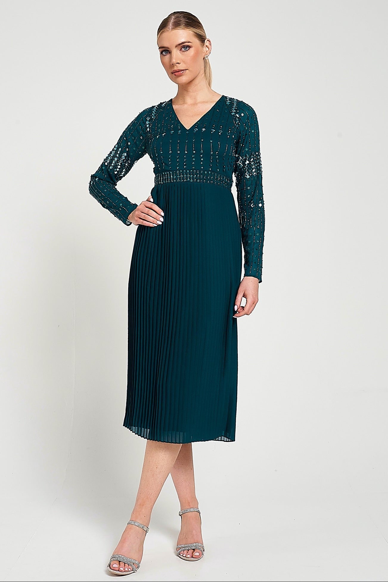Elzina storm green embellished midi dress with V neckline, long sleeves, embellished bodice and pleated skirt designed for elegant occasion wear styling