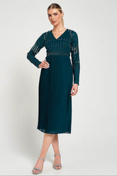 Elzina storm green embellished midi dress with V neckline, long sleeves, embellished bodice and pleated skirt designed for elegant occasion wear styling
