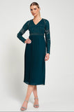 Elzina storm green embellished midi dress with V neckline, long sleeves, embellished bodice and pleated skirt designed for elegant occasion wear styling