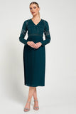 Elzina storm green embellished midi dress with V neckline, long sleeves, embellished bodice and pleated skirt designed for elegant occasion wear styling
