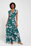 Esme Green Floral Print Frill Detail Maxi Dress