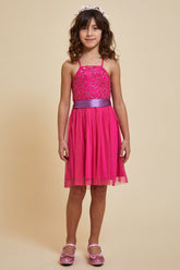 Bianca pink girls’ occasion dress with embroidered bodice and tulle skirt