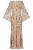 Faith gold embellished maxi dress with intricate beadwork and sheer long sleeves