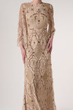 Faith gold embellished maxi dress with intricate beadwork and sheer long sleeves