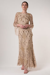 Faith gold embellished maxi dress with intricate beadwork and sheer long sleeves