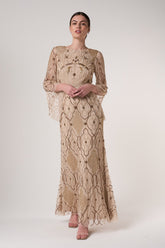 Faith gold embellished maxi dress with intricate beadwork and sheer long sleeves