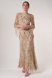 Faith gold embellished maxi dress with intricate beadwork and sheer long sleeves