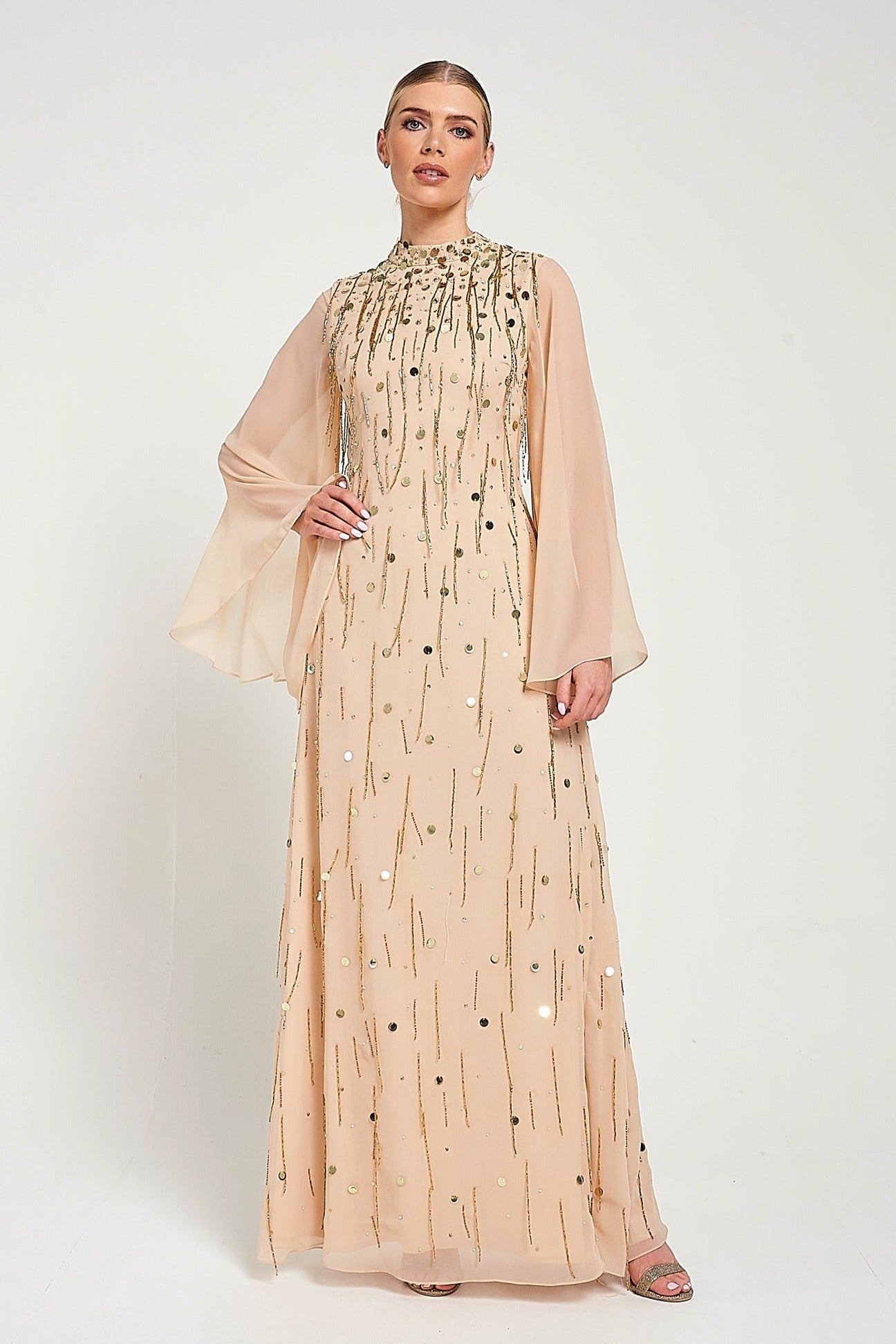 Faye Nude Gold Embellished Maxi Dress
