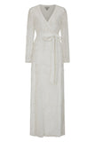 Grace white embellished maxi dress with tonal leaf detailing, faux wrap silhouette and long sleeves designed for elegant bridal and occasion wear styling