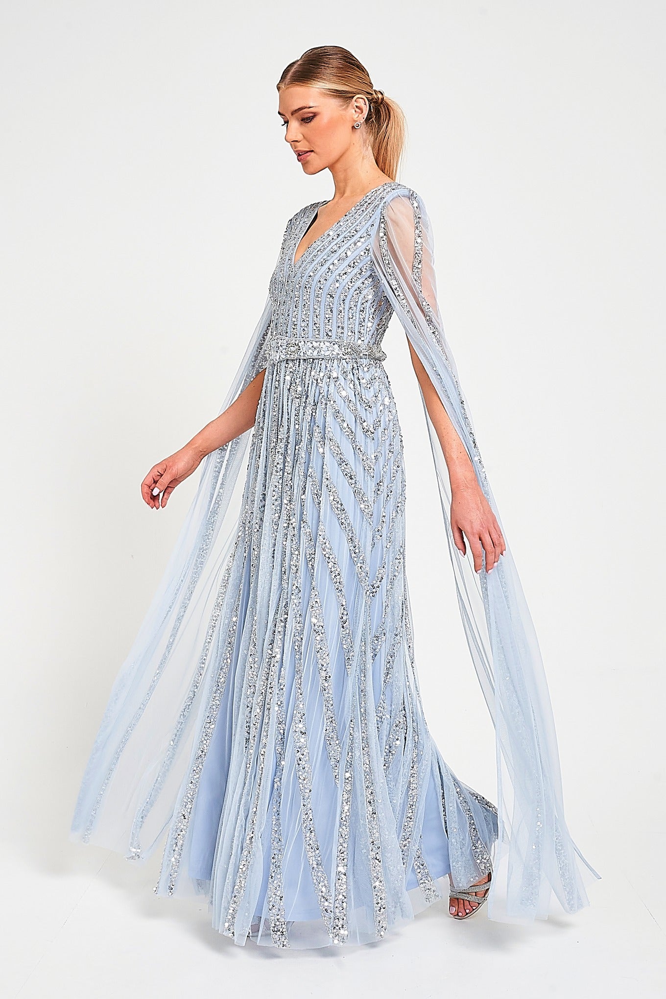 Gwen Ice Blue Embellished Cape Sleeve Maxi Dress