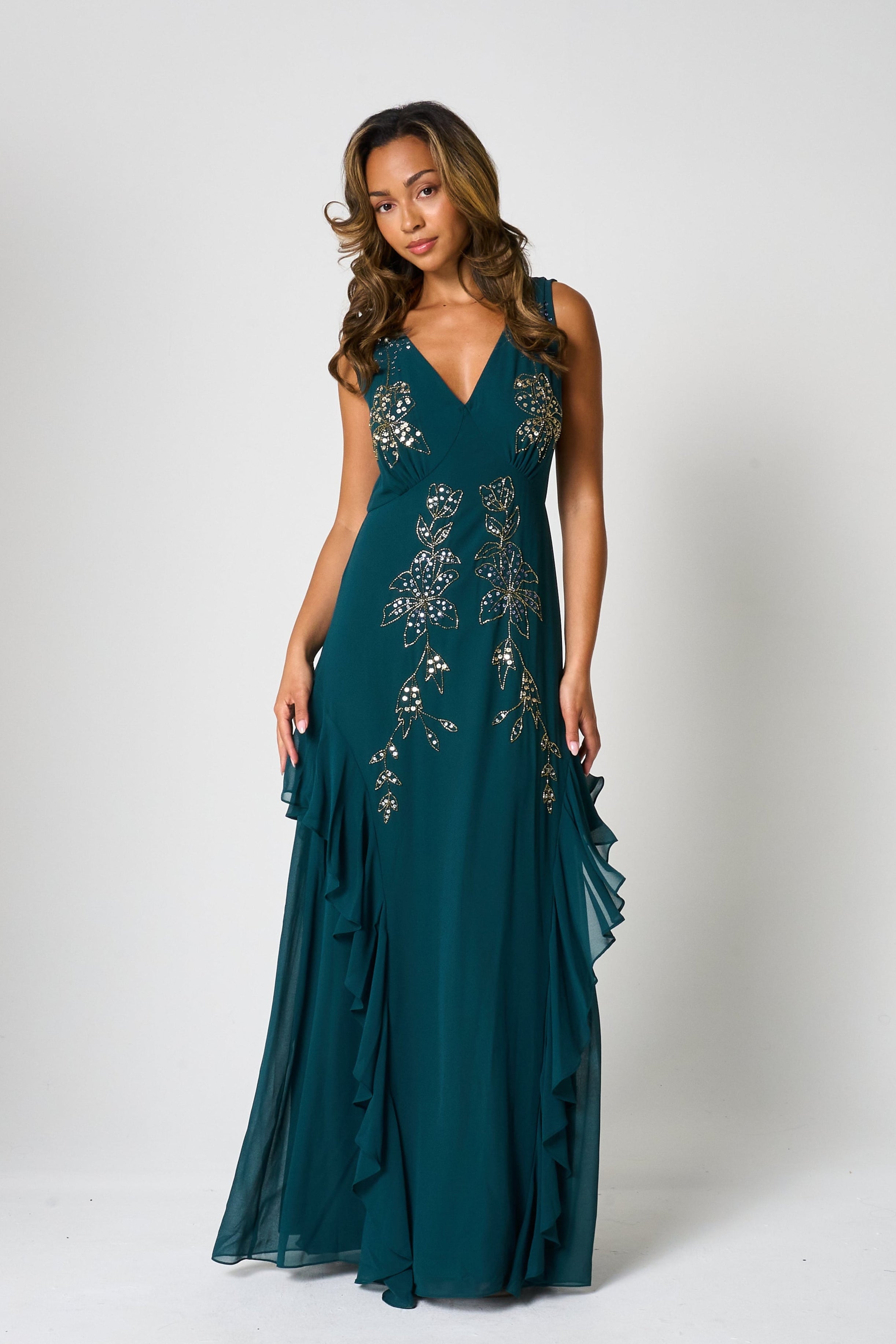 Hazel Green Floral Embellished Maxi Dress