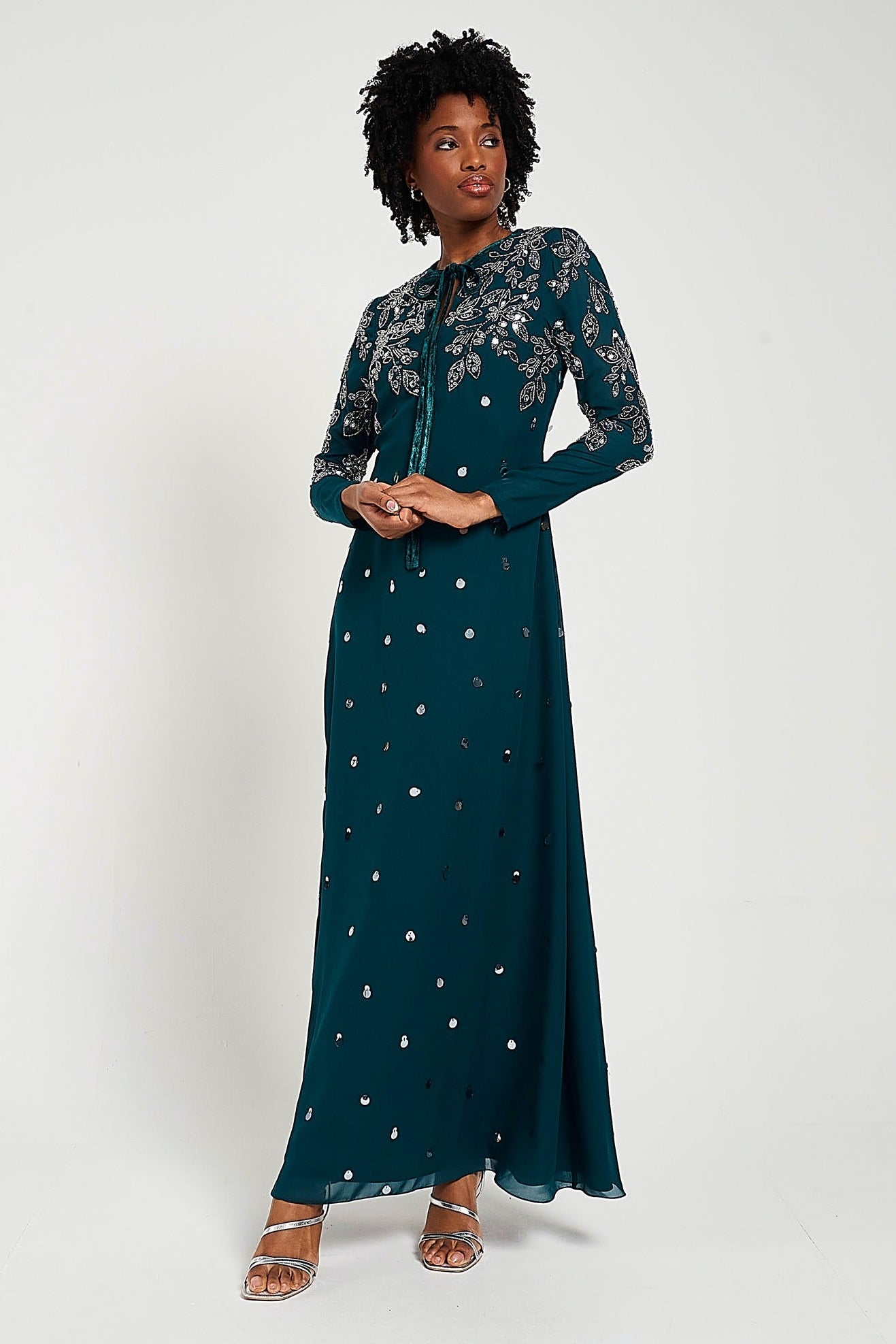 Helena Storm Green Embellished Maxi Dress by Frock and Frill, long sleeve modest evening gown with full-length skirt and sparkling embellishments.