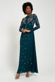 Helena Storm Green Embellished Maxi Dress by Frock and Frill, long sleeve modest evening gown with full-length skirt and sparkling embellishments.