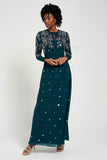 Helena Storm Green Embellished Maxi Dress by Frock and Frill, long sleeve modest evening gown with full-length skirt and sparkling embellishments.