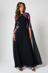 Hestia Black Embroidered Cape Sleeve Maxi Dress