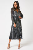 Hilda black sequin midi dress with faux wrap silhouette, V neckline and long sleeves designed for elegant evening and occasion wear styling