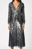 Hilda black sequin midi dress with faux wrap silhouette, V neckline and long sleeves designed for elegant evening and occasion wear styling