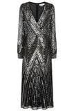 Hilda black sequin midi dress with faux wrap silhouette, V neckline and long sleeves designed for elegant evening and occasion wear styling