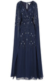 Ida Navy Embellished Maxi Dress with Cape Sleeves