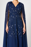 Ida Navy Embellished Maxi Dress with Cape Sleeves