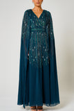 Ida Blue Embellished Maxi Dress with Cape Sleeves