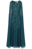 Ida Storm Green Embellished Maxi Dress with Cape Sleeves
