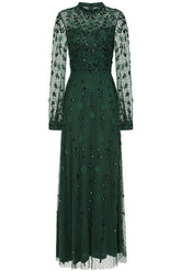Isadora rainforest green embellished maxi dress with appliqué florals and sheer long sleeves