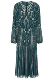 Jeannette green embellished midi dress with silver beadwork, batwing sleeves and fit-and-flare silhouette designed for elegant occasion wear styling