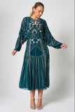 Jeannette green embellished midi dress with silver beadwork, batwing sleeves and fit-and-flare silhouette designed for elegant occasion wear styling