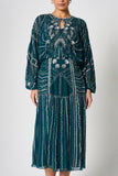 Jeannette green embellished midi dress with silver beadwork, batwing sleeves and fit-and-flare silhouette designed for elegant occasion wear styling