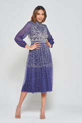 Jeanne Navy Embellished Midi Dress