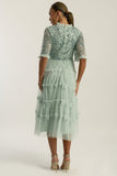 Joanna Aqua Green Embellished Midi Dress with tiered ruffle skirt and delicate bodice embellishments for weddings and special occasions