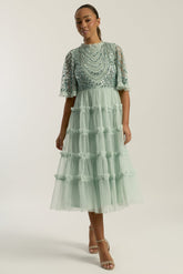 Joanna Aqua Green Embellished Midi Dress with tiered ruffle skirt and delicate bodice embellishments for weddings and special occasions