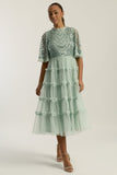 Joanna Aqua Green Embellished Midi Dress with tiered ruffle skirt and delicate bodice embellishments for weddings and special occasions