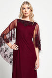 Jovena burgundy embellished cape sleeve maxi dress by Frock and Frill with tonal bead detailing and flowing silhouette designed for elegant occasion wear styling