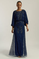 Judith Navy Embellished Maxi Dress with batwing sleeves, delicate beadwork, and flowing cape-style silhouette for weddings, evening events, and modest formal occasions