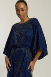 Judith Navy Embellished Maxi Dress with batwing sleeves, delicate beadwork, and flowing cape-style silhouette for weddings, evening events, and modest formal occasions