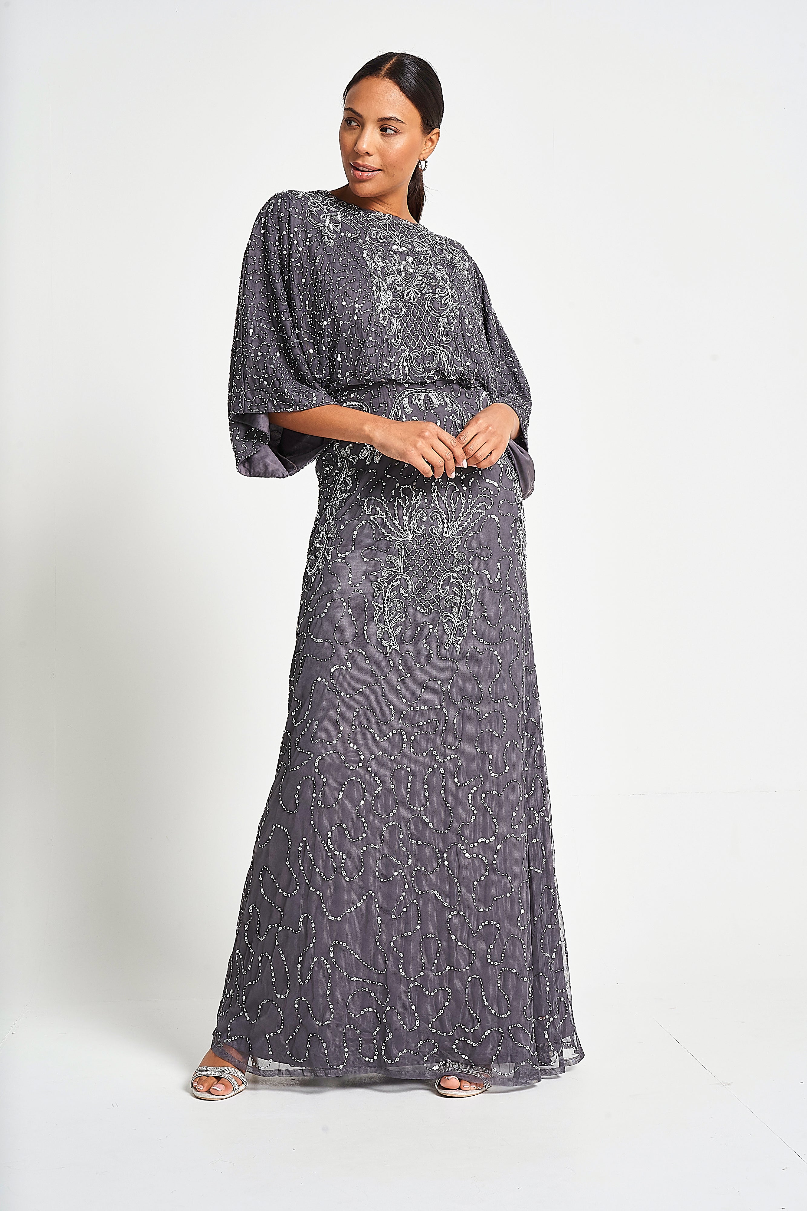 Judith Embellished Maxi Dress with Batwing Sleeves - Charcoal Grey